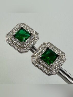 New Silver Plated Green Square CZ Halo Stud Earrings Geometric